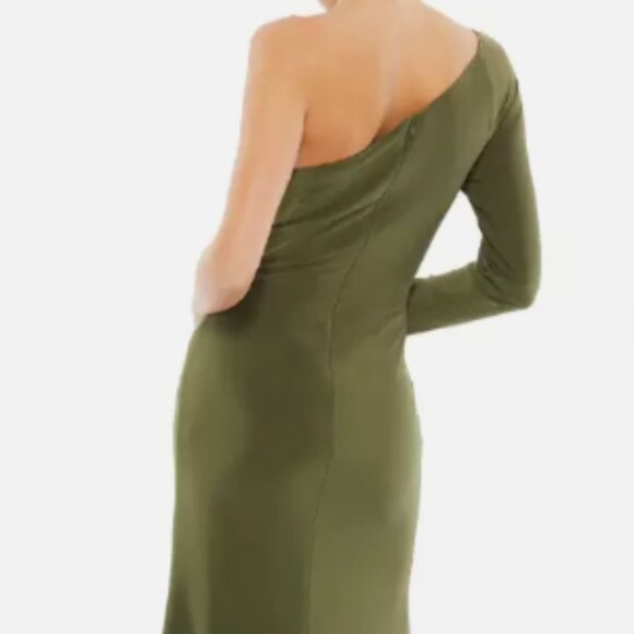 MAC DUGGAL 55696 ONE SLEEVE BEADED CUFF SIDE TWIST THIGH SLIT OLIVE GOWN sz 8 - Picture 3 of 3